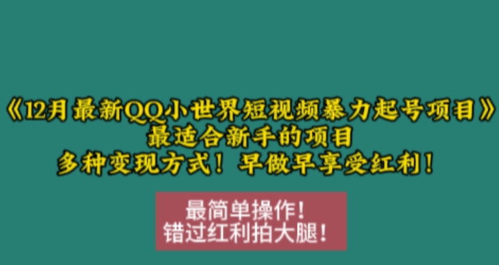 12月最新QQ小世界短视频暴力起号项目，最适合新手的项目，多种变现方式-起步网